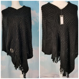 Vertigo Black Textured Sequin Knit Fringe Poncho One Size NWT